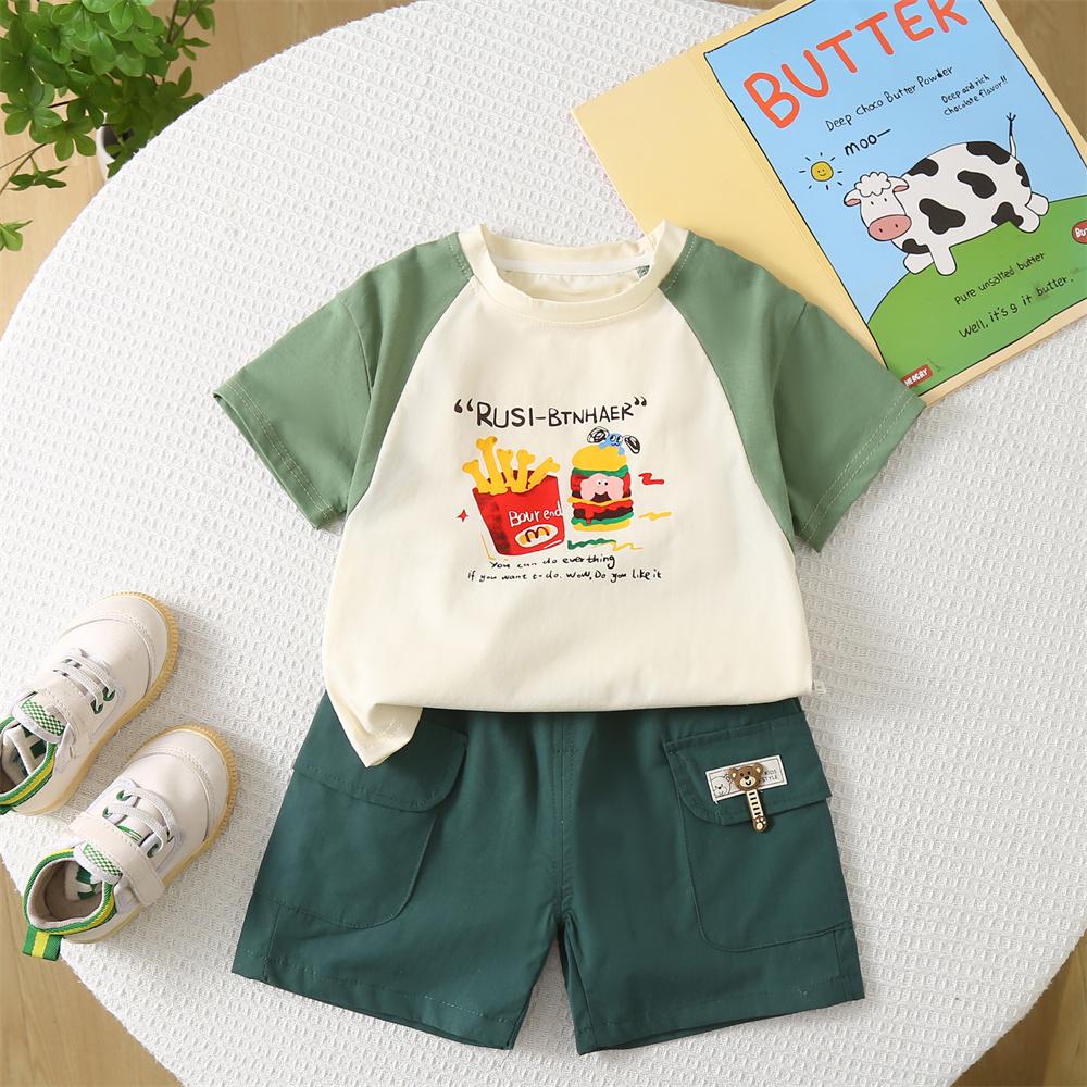 0-5-year-old Children's Short Sleeved Set Boys' Casual Printed Top+denim Shorts Two-piece Set Cute Baby Clothes