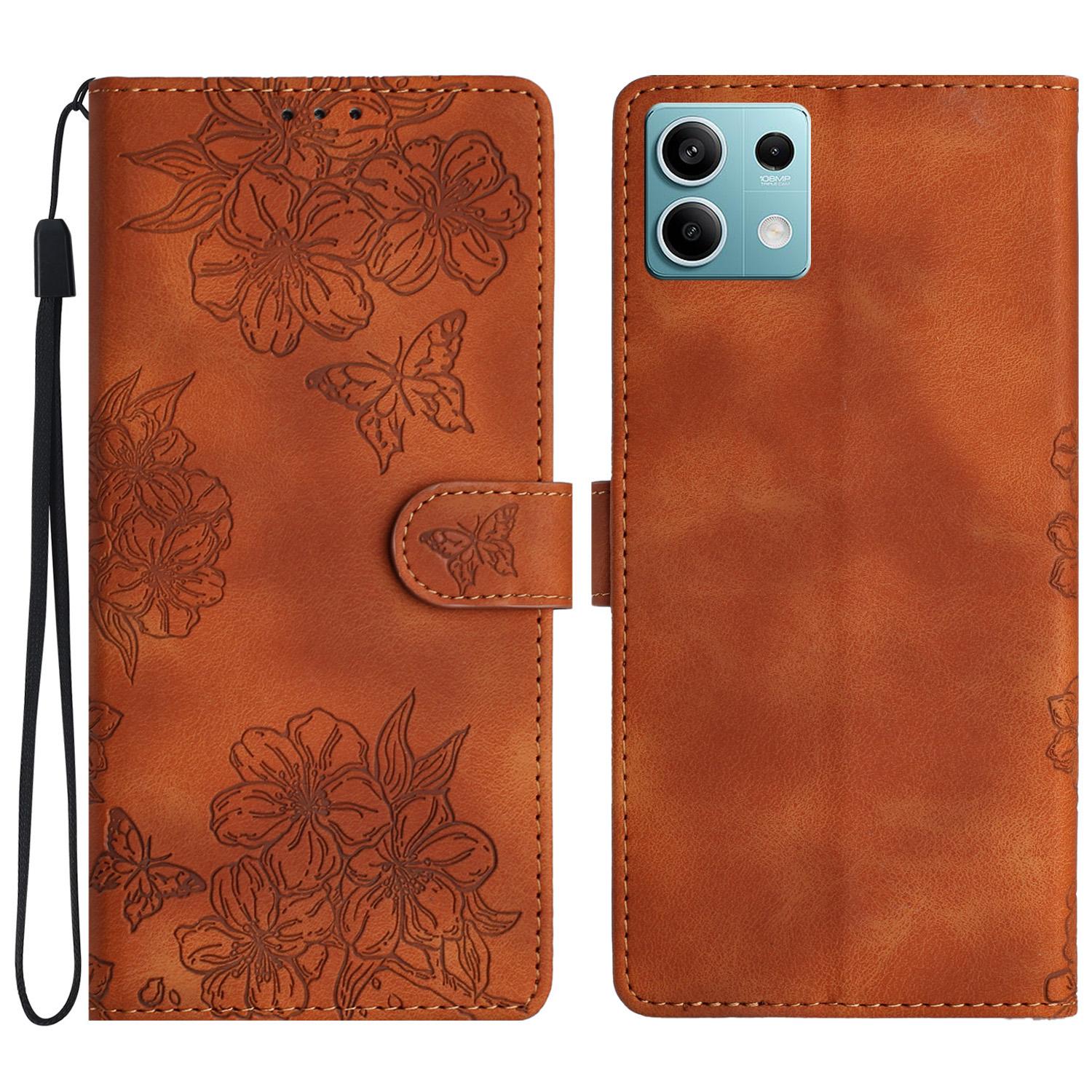 

For Xiaomi Redmi Note 13 5G Case Butterfly Flower Pattern Skin-Touch Anti-Drop Leather Phone Cover Brown