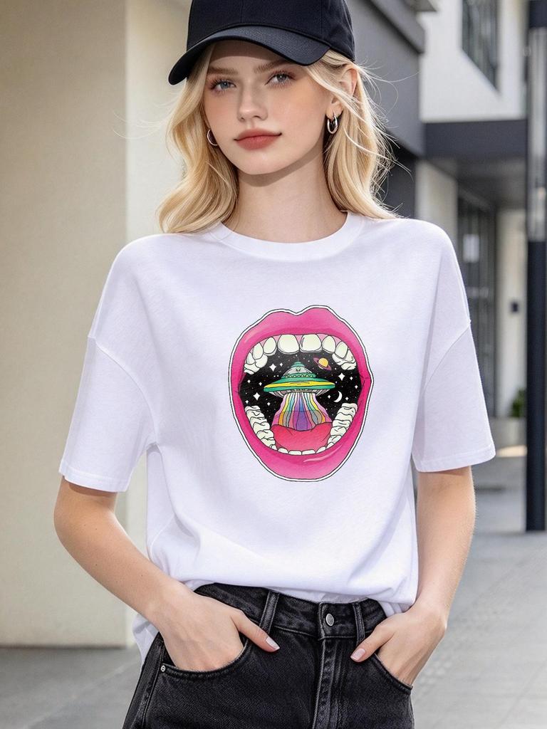 Unisex T-shirt Cool Mouth UFO Print Casual Soft Top Daily Streetwear