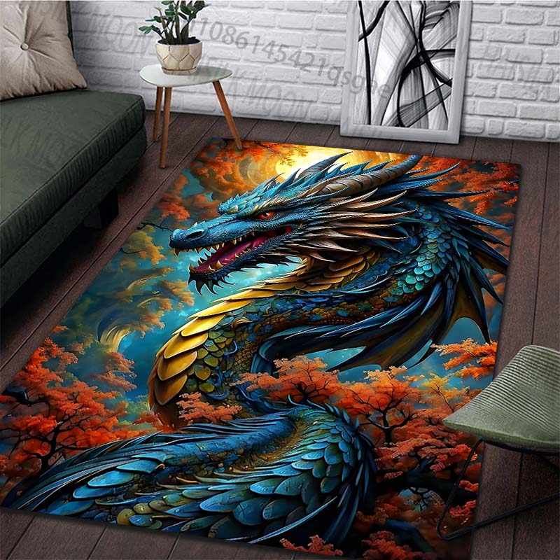 1PC Blue Dragon Coiled In Forest Print Carpet Rug for Living Room Bedroom Sofa Doormat Home Decor Non-slip Floor Mat