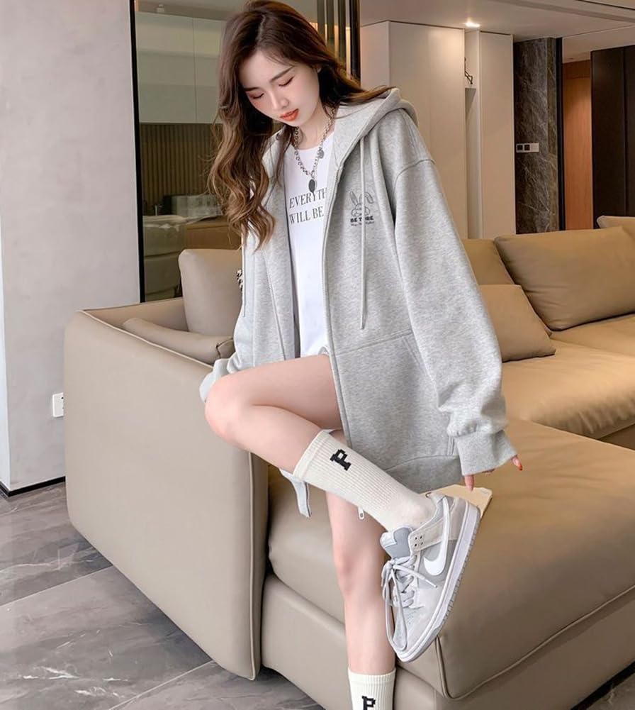 TASOGARA Long Zip Hoodie with Fleece Loose Plus Wear Women's Lining, Fit, Sizes, Casual, Fall/Winter (JP, Alphabet, L, Gray)