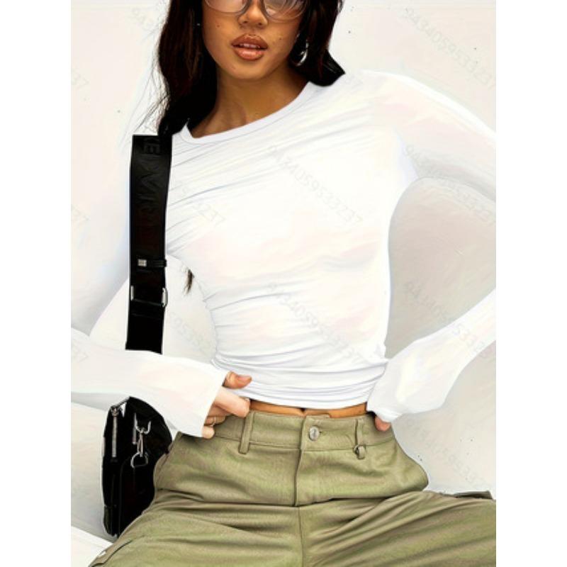 Solid Color Casual Round Neck Long Sleeved T-shirt Top