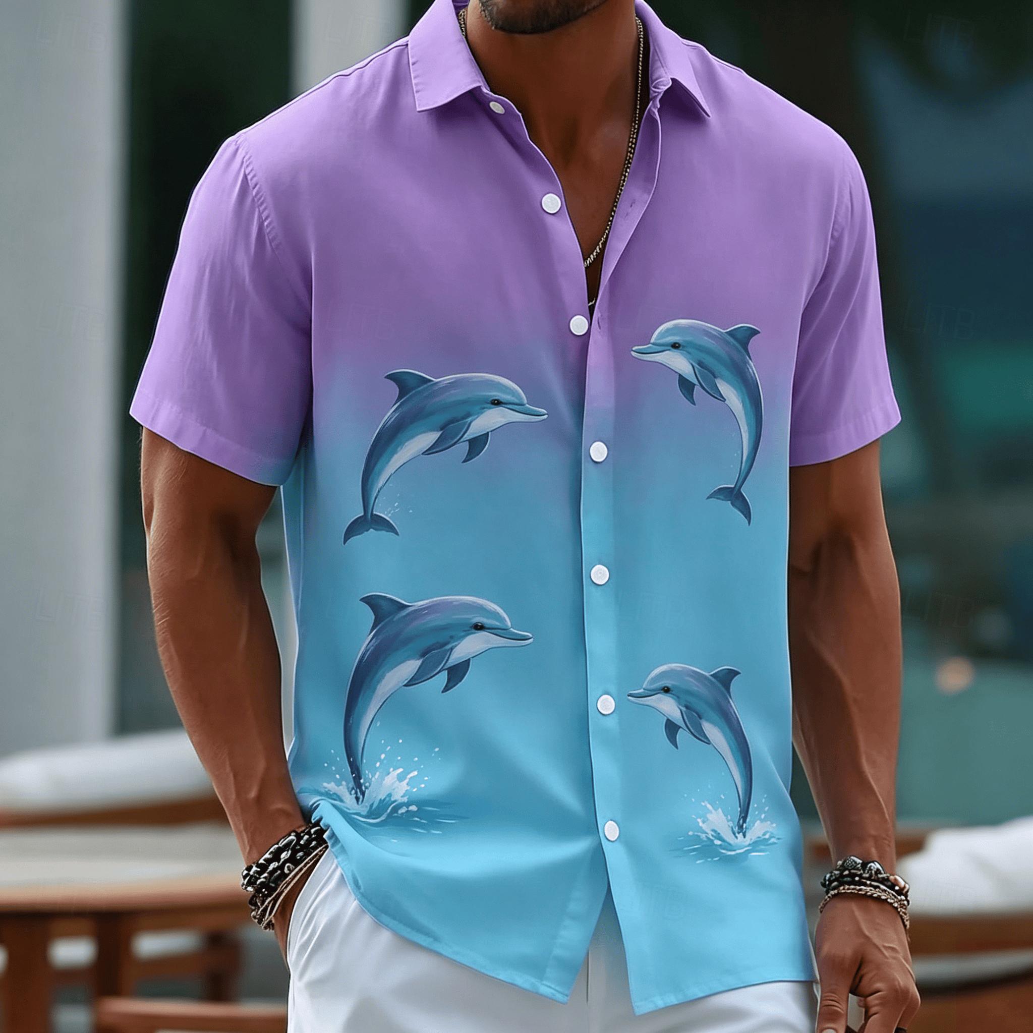 

Men s Gradient Dolphin Print Short Sleeve Shirt, Casual Hawaiian Button Up Shirt for Spring Summer 4XL