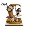 Desktop Halloween Decorations Moon Swing Ghost Figurine, Reading On with Floral Tiered Tray Decor Pumpkin Accents, Wooden Bookshelf for Desk