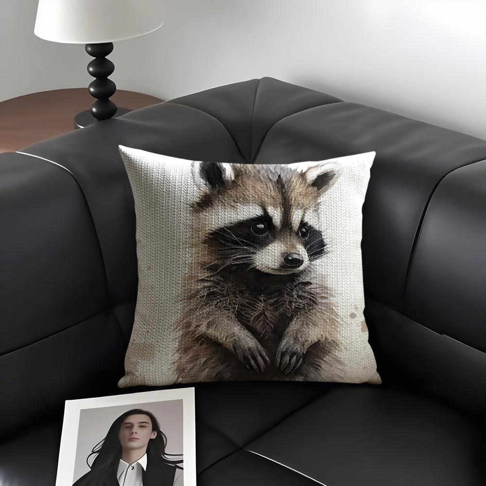 Raccoon Cute Cushion Cover Natural Linen Organic Fabric DoubleSided Printing Sofa Home Decor Gift Pillow Case