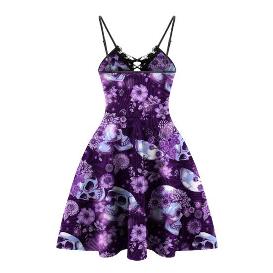 Rochie cu șantier, fără spate, cu șiretă în față, cusături din dantelă, tivul liber, rochie mini cu imprimare cu flori cu craniu amuzant