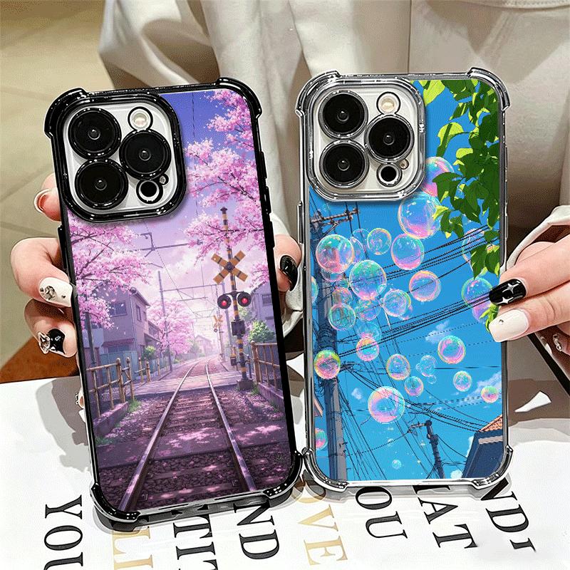 Anime Aesthetic Scenery Plating Phone Case For Iphone 16 17 Pro Max Air 16E 14 15 Plus 12 13 Mini Anti-Fall Airabag Cover