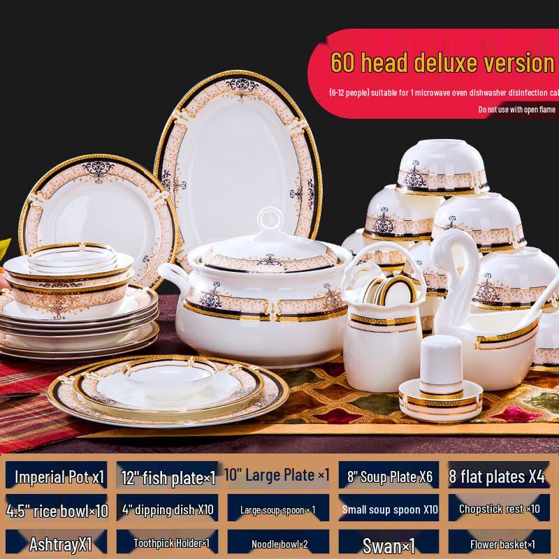 Ru Han Vienna Juego de Vajilla de Cerámica de 60 Piezas con Borde Dorado