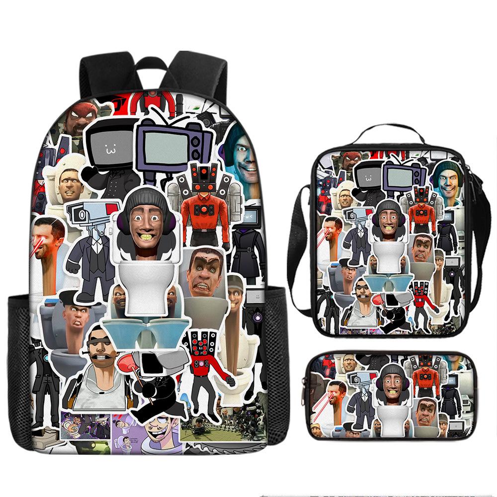 Toilet Man Backpack Trendy Backpack European and American Retro Schoolbag Cartoon Backpack Three-piece Set