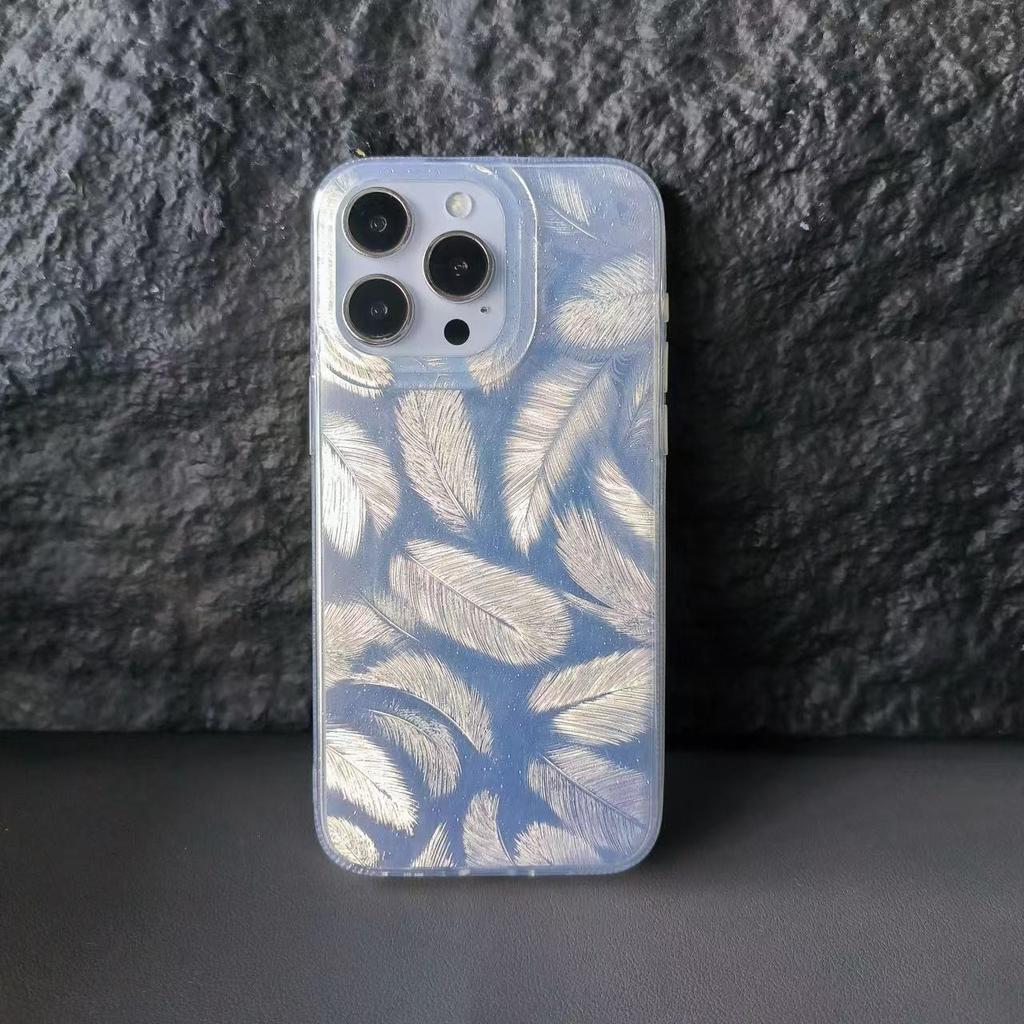 Applicable To IPhone15 Mobile Phone Case Creative Feather Shell 13/12Pro Color Silver Imd Laser Shell 14Max Protection Case
