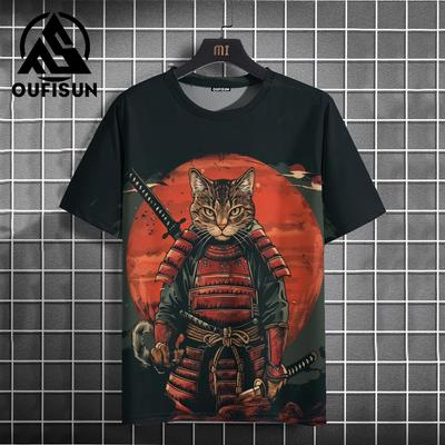 Samurai Cat T-Shirt For Men Trendy Japanese Hip Hop Short Sleeve Tees Oversized Streetwear Casual Sweatshirt Male Clothing Tops