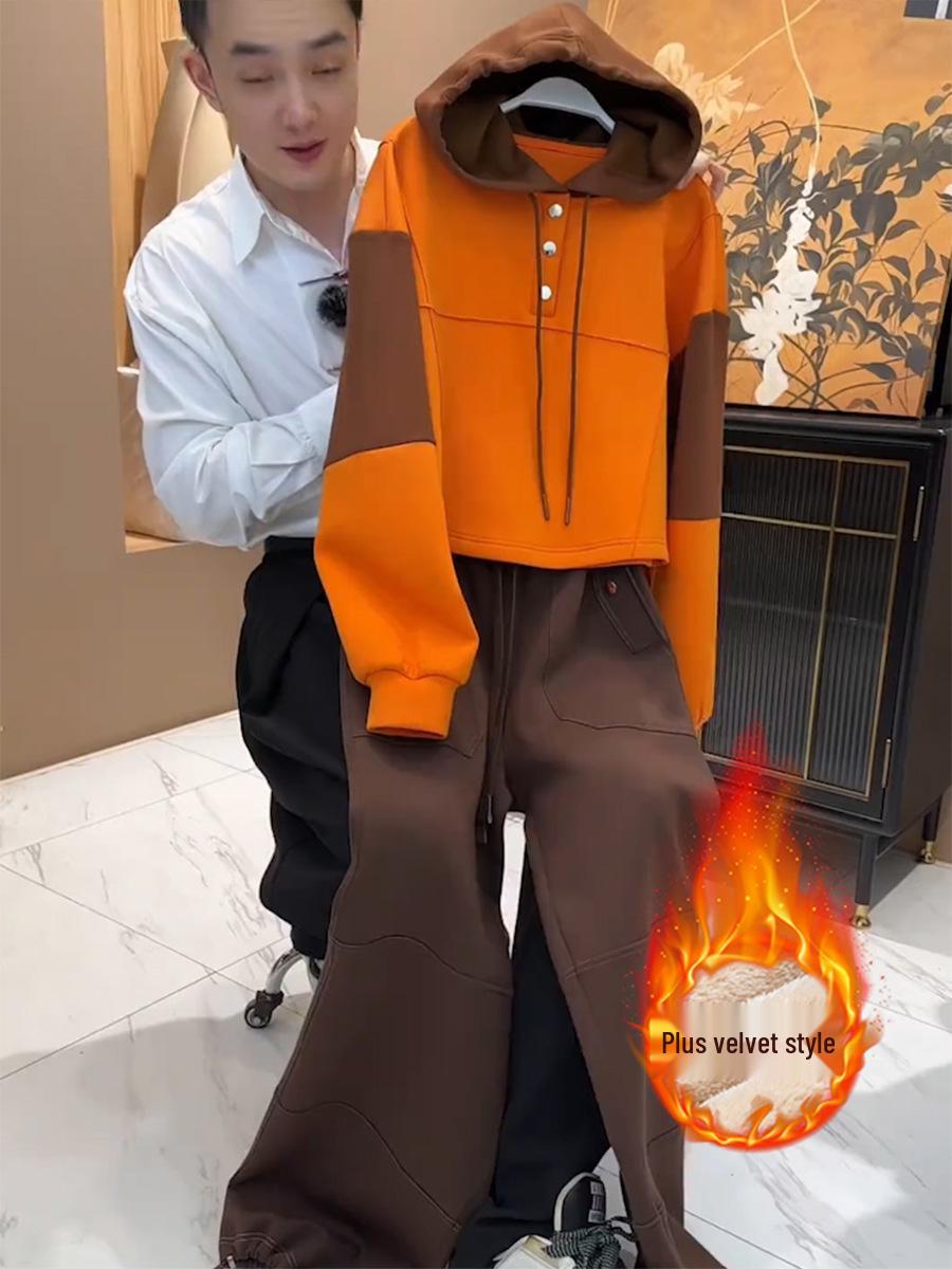 

Autumn/Winter 2025 Women s Plus Velvet Orange-Coffee Patchwork Hooded Sweatshirt - Lazy Style Casual Relaxed Fit Jacket. M