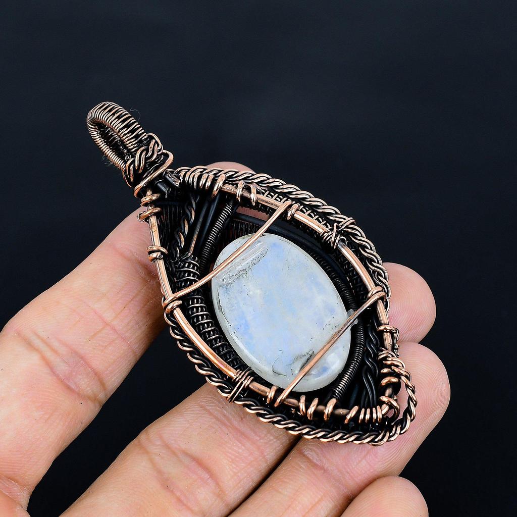 Rainbow Moonstone Pendant, Handmade Gemstone 999 Copper Wire Wrap Pendant Antique Jewelry, For Gift Copper Jewelry