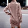 Women Autumn Winter Knitting Dress Turtleneck Long Sleeve Twist Texture Pullover Mini Dress Solid Color Thickened Warm Loose Dress