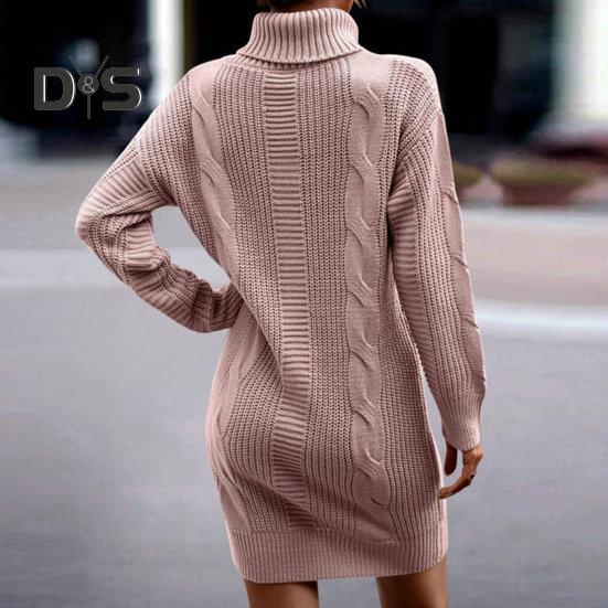 Women Autumn Winter Knitting Dress Turtleneck Long Sleeve Twist Texture Pullover Mini Dress Solid Color Thickened Warm Loose Dress