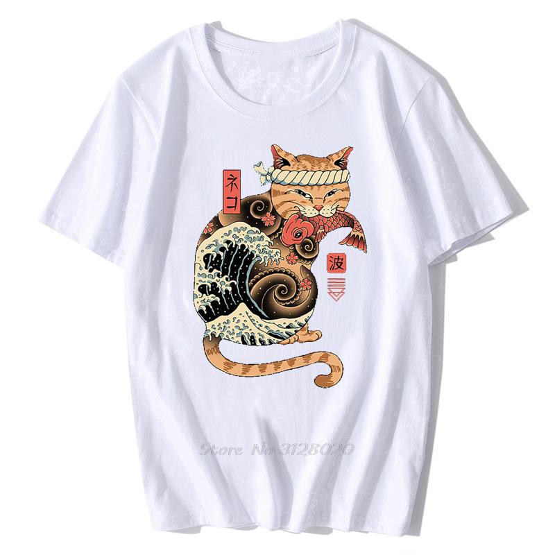 Anime Samurai Cat T Shirt Men Japanese Ukiyo-E Ninja Cat Print T-Shirt Mens Casual Tshirt Male Fashion Streetwear Harajuku Tees