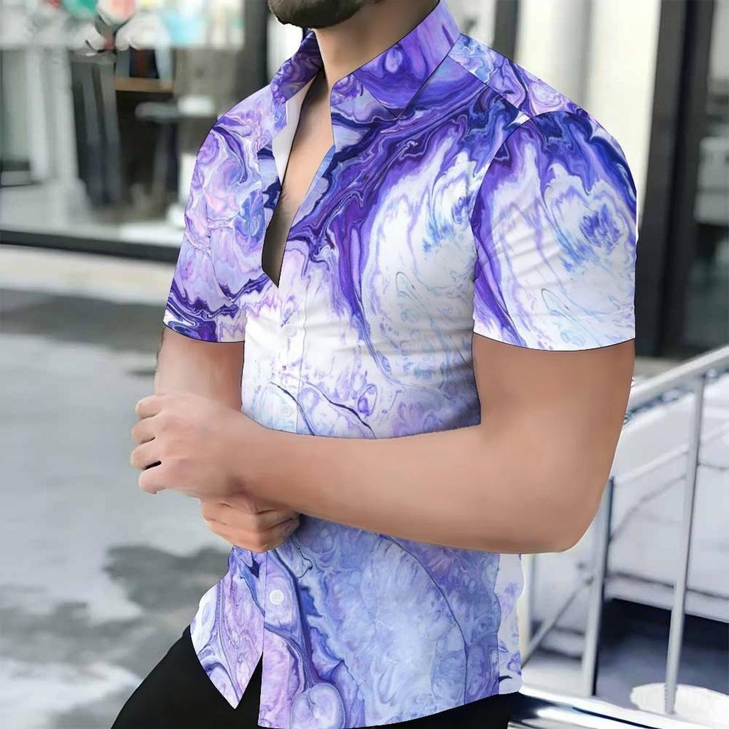 Women Short Sleeve Shirt Blue Pink White Marble Swirl Abstract Print Lapel Button Up Top
