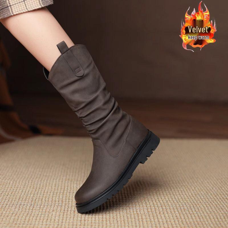 Dámské kozačky do půli lýtka s plochým podpatkem 2025 - Nový jarní a podzimní styl se sametovou podšívkou, ideální k sukním