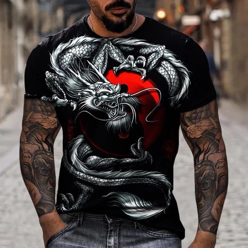 Cool and Personalized Dragon Pattern 3D Digital Printed Men's Round Neck Short Sleeved T-shirt