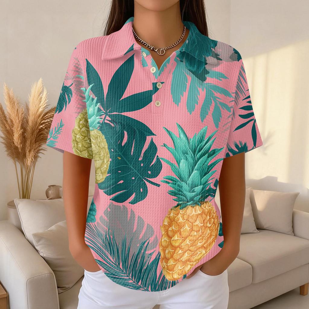 Women Casual Short Sleeve Hawaiian Print Waffle Knit Polo Shirt Lightweight Breathable Summer Top with Button Down Collar