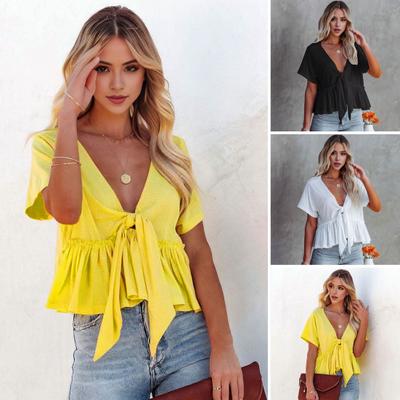 Women Tops V-Neck Short Sleeve Solid Color Casual T-shirt Knot Design Ruffle Hem Loose Fit