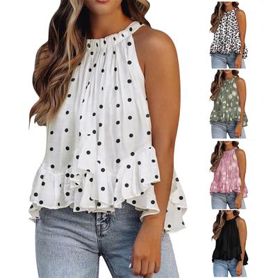 Women's Floral Print Sleeveless Tank Top Ruffle Hem Summer Tops Leopard and Polka Dot Cropped Tops