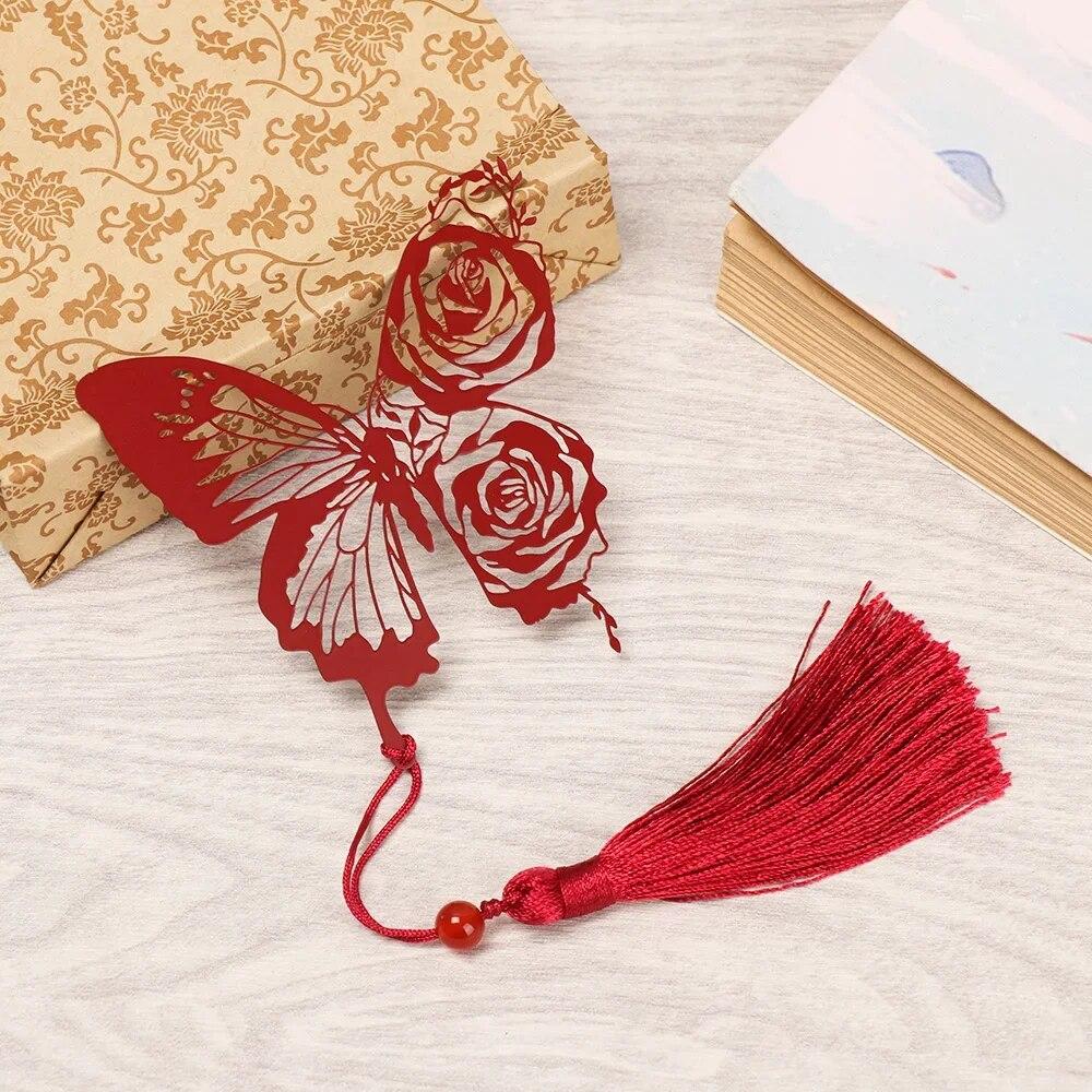 1Pc Vintage Butterfly Rose Ribbons Tassel Pendant Office Book Marker Supply School Creative Student Stationery Metal Bookmark