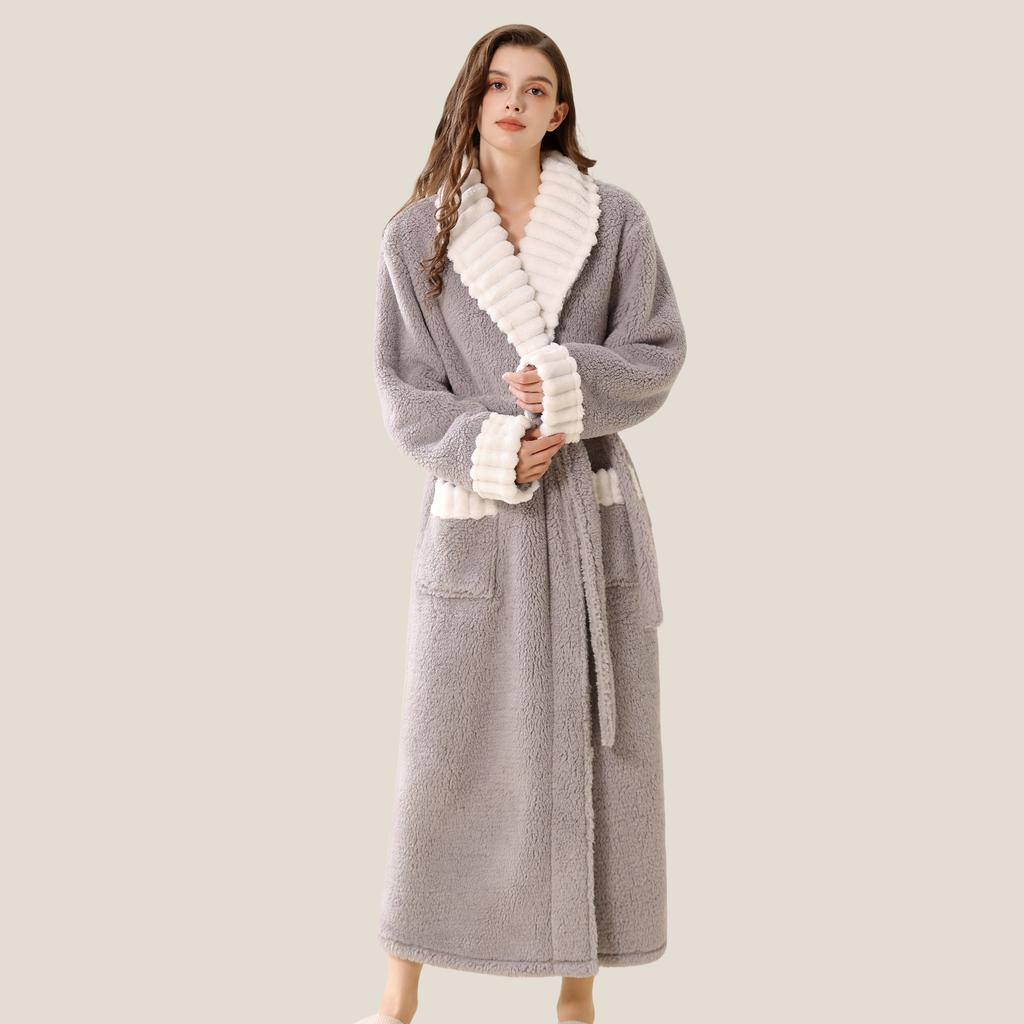 Women's Autumn and Winter Long Bathrobe Plus Velvet Thick Warm Home Wear