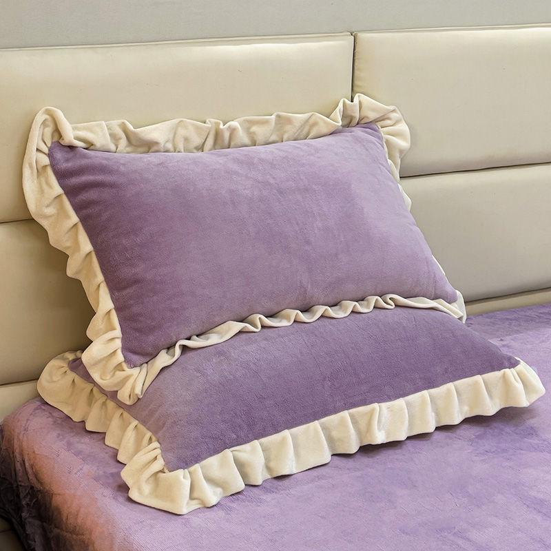 Set of 2 Winter Velvet Pillowcases, 48x74, Solid Color with Lace, for Girls and Dorms