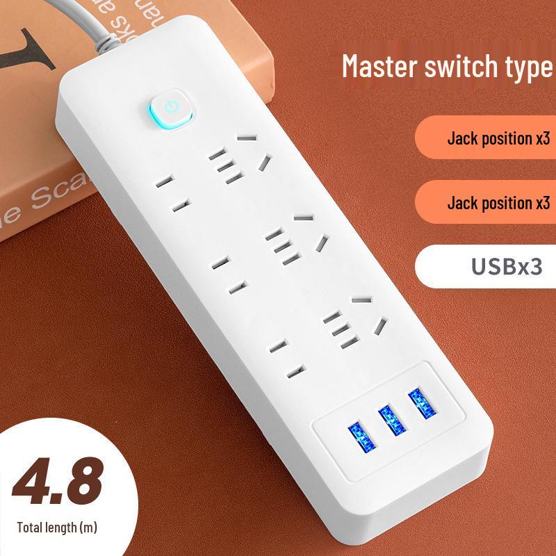 Multi-Function Household Power Strip with Cord, featuring a Multi-Hole Socket Panel for Dorms