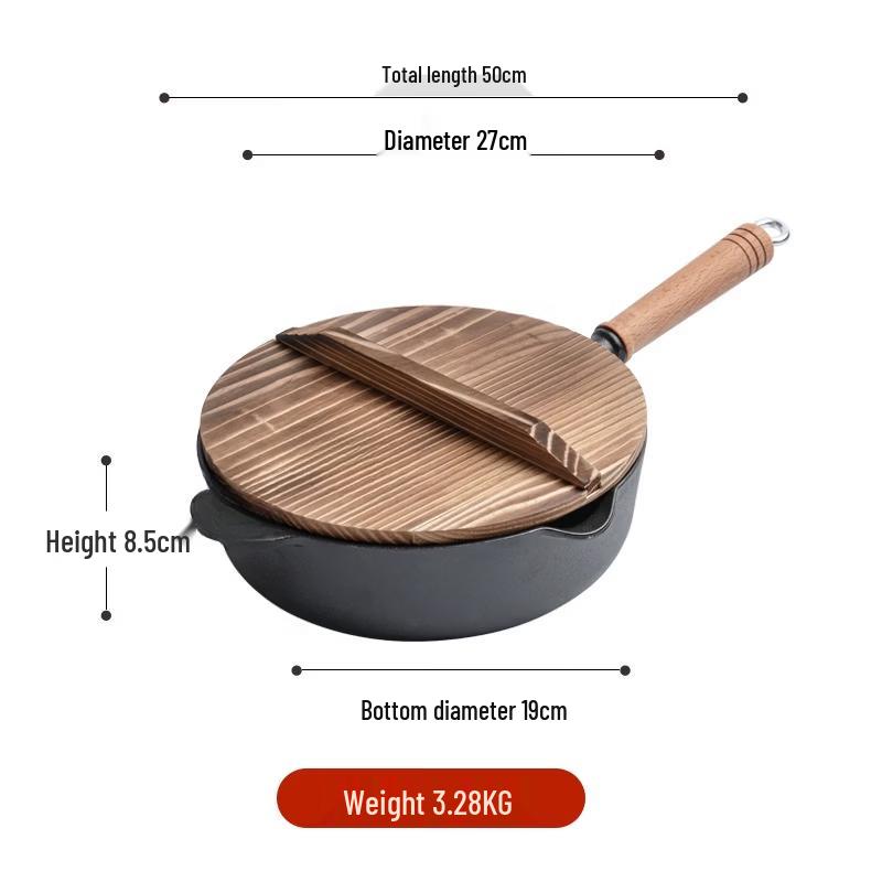 

ZISIZ Cast Iron Deep Flat-Bottom Frying Pan with Wooden Handle