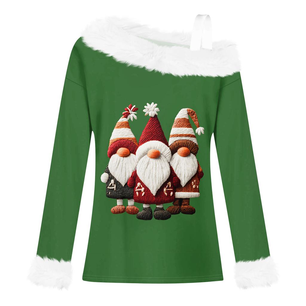 Women's Casual Fashion Sexy Off-Shoulder Collar Christmas Pattern Long Sleeve Crewneck T-Shirt Top