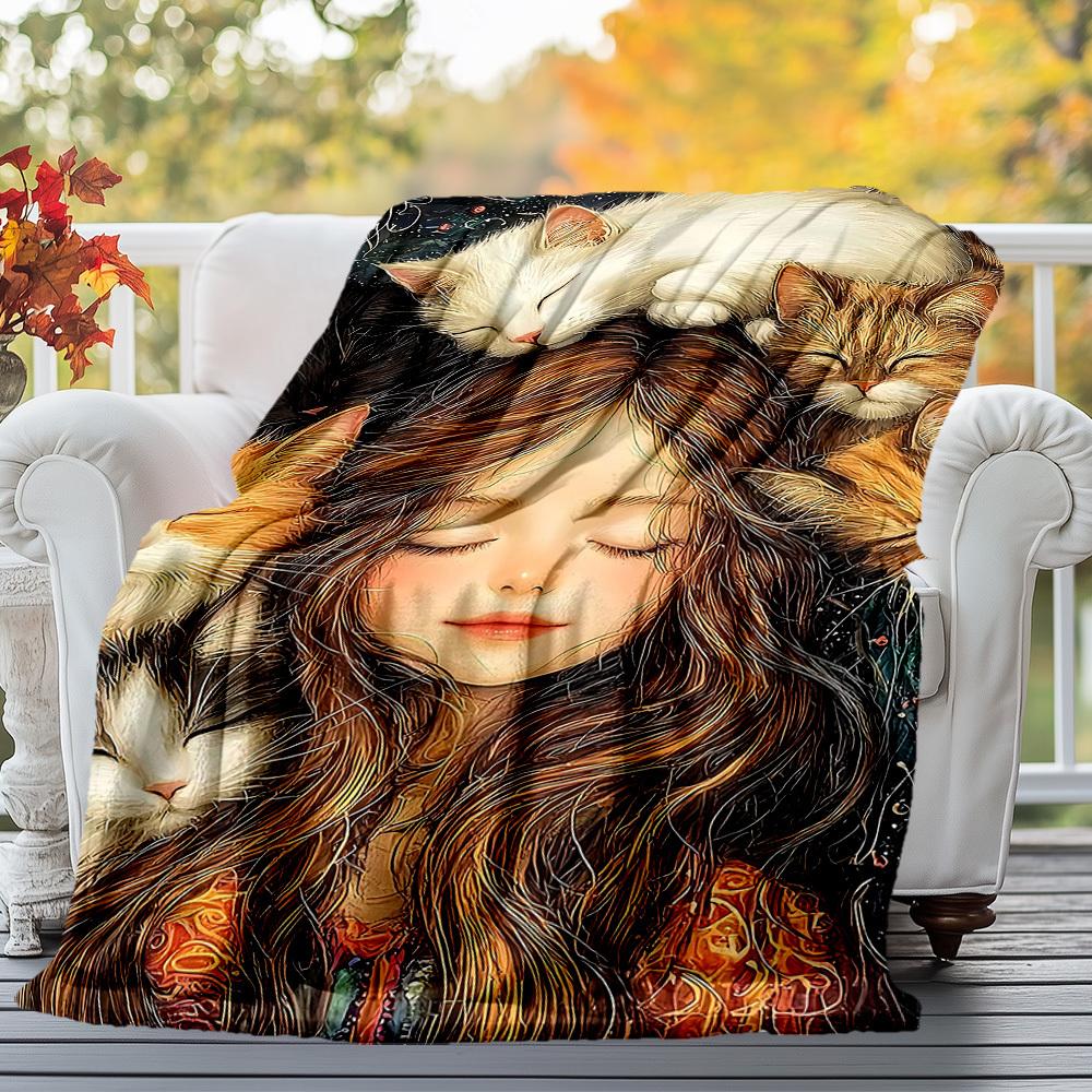 1pc Girl Cats Outdoor Flannel Blanket Soft Warm All-Season Throw for Sofa Bed Car Camping Office, Cozy Gift Idea1145S