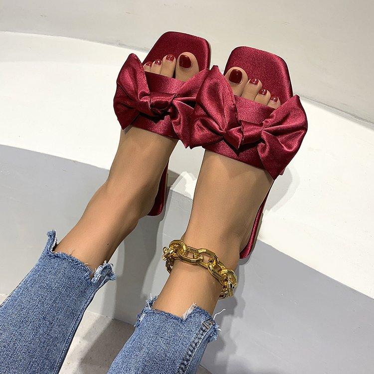 Large Size Satin Cloth Bow Flat-Bottomed Slippers Women'S Fashion Square Head Square Heel One Pedal Lazy Shoes