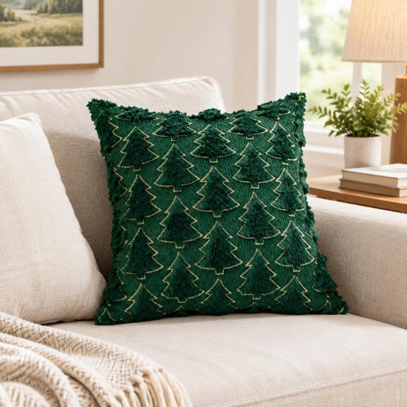 Christmas Throw Pillow Cover Set of 2, Plush Faux Furs Cushion Covers with Raised Embroidery for Coordinated Indoor Seating