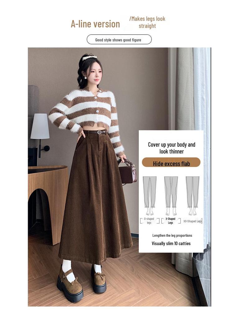 Women's High Waist Corduroy Midi Skirt - 2025 Autumn Winter Korean Style, Large Flare Pleated Design
