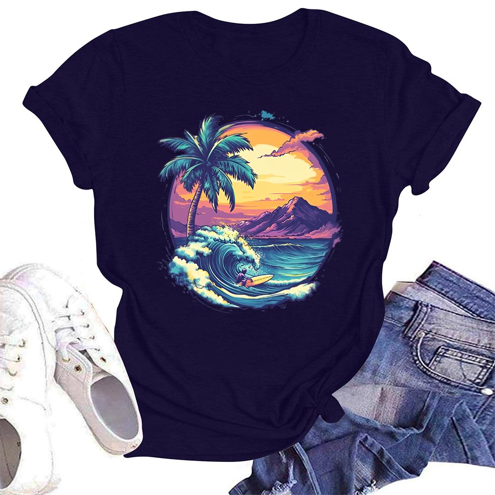 T-shirt casual da donna ampia stampata girocollo pullover manica corta top