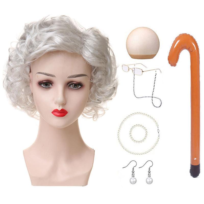Versatile Short Curly Costume Wig Set For Grandmother Character Halloween Dress Up
