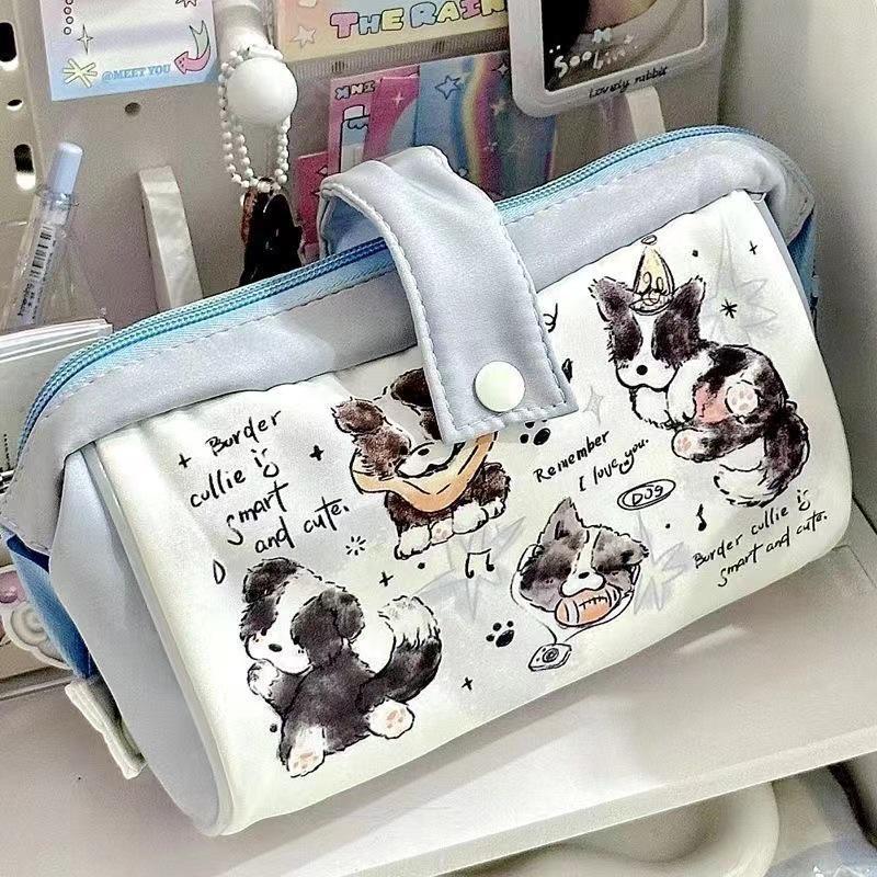 Japanese Style Large Capacity Puppy Pencil Case for Students - Canvas Stationery Storage Bag