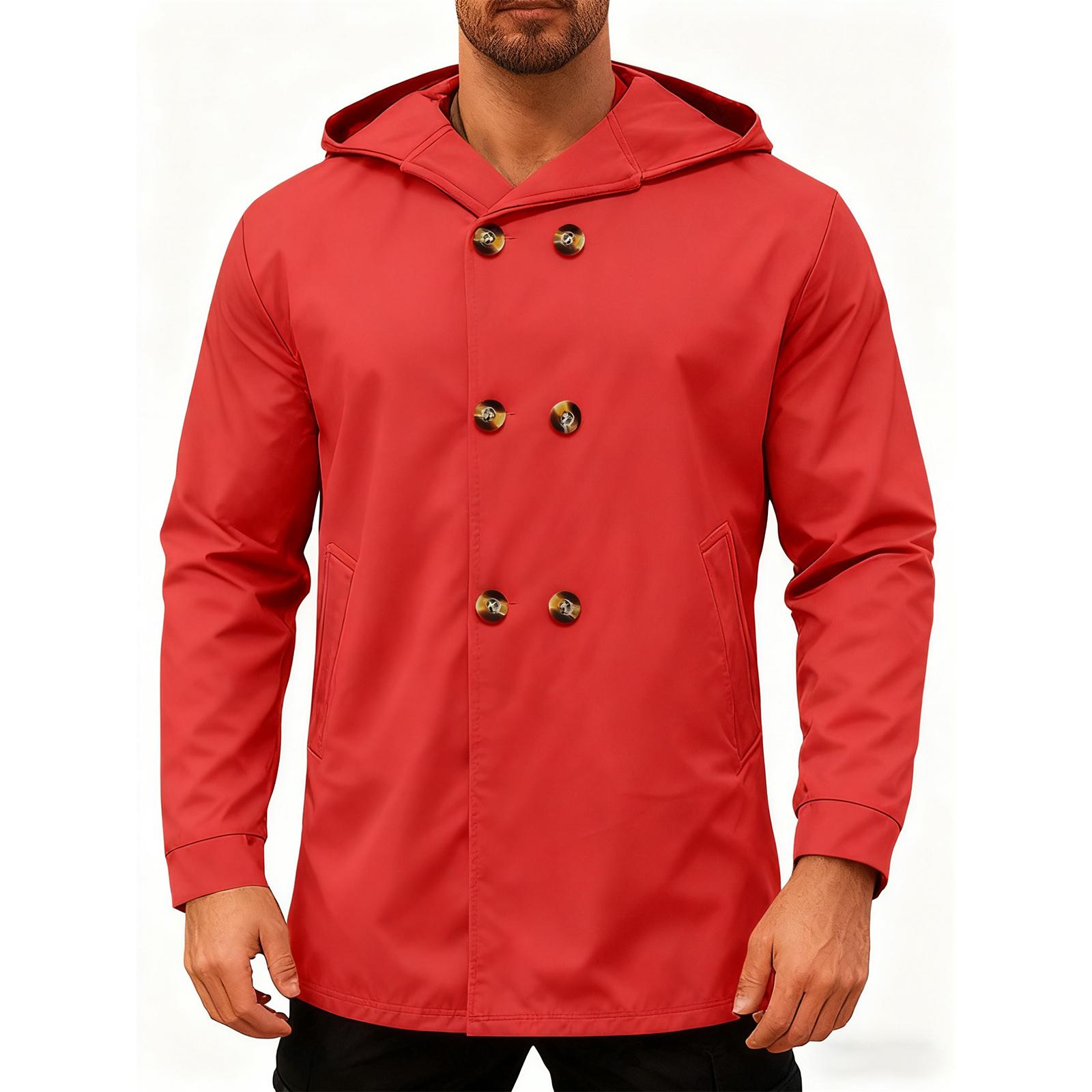 

Мужское пальто-тренч средней длины с капюшоном, куртка-худи, двубортный костюм, повседневный ветрозащитный плащ, верхняя одежда L красный