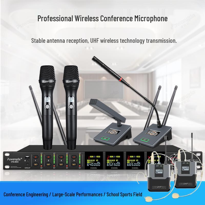 UHF Wireless Gooseneck Headset Microphone - 1-to-4 Infrared Frequency Matching for Conferences & Training Rooms