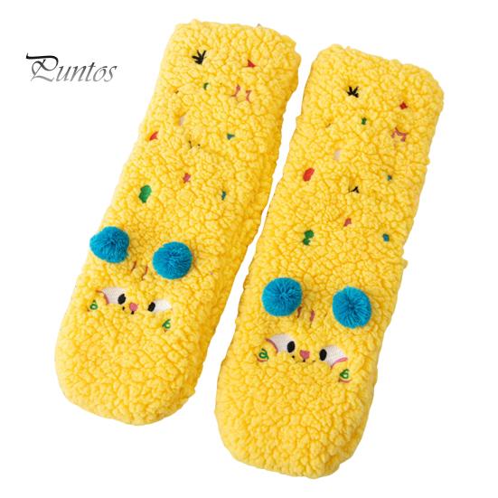 1 Pair Winter Floor Socks Cartoon Design Animal Embroidery Ultra Thick Fleece Keep Warm Mid-tube Non-slip Slipper Socks