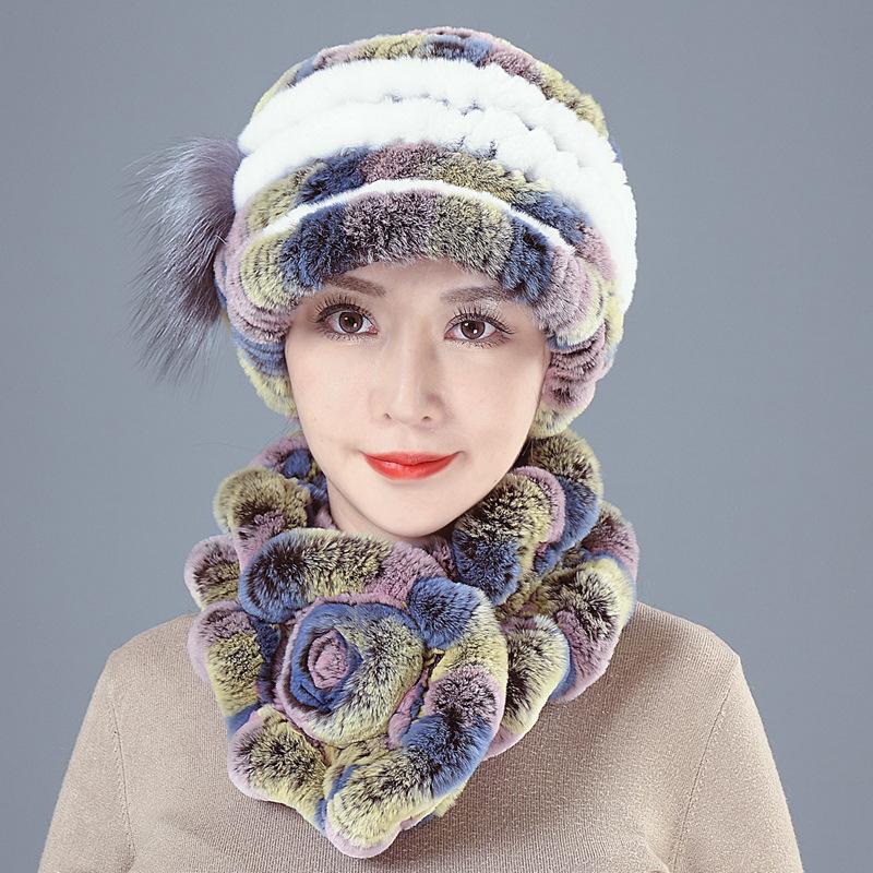 New Rex rabbit hair hat women's autumn and winter ear protection fur woven real hair medium and old thickened versatile scarf set