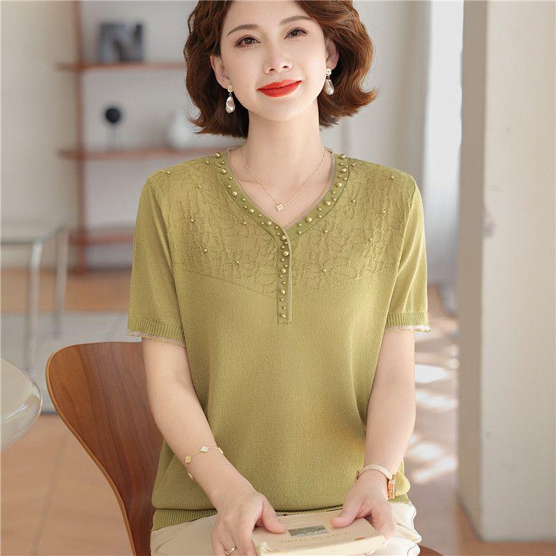 Mom's Summer Ice Silk V-Neck Short-Sleeve T-Shirt for Middle-Aged & Elderly Women - Loose Plus Size Top Set