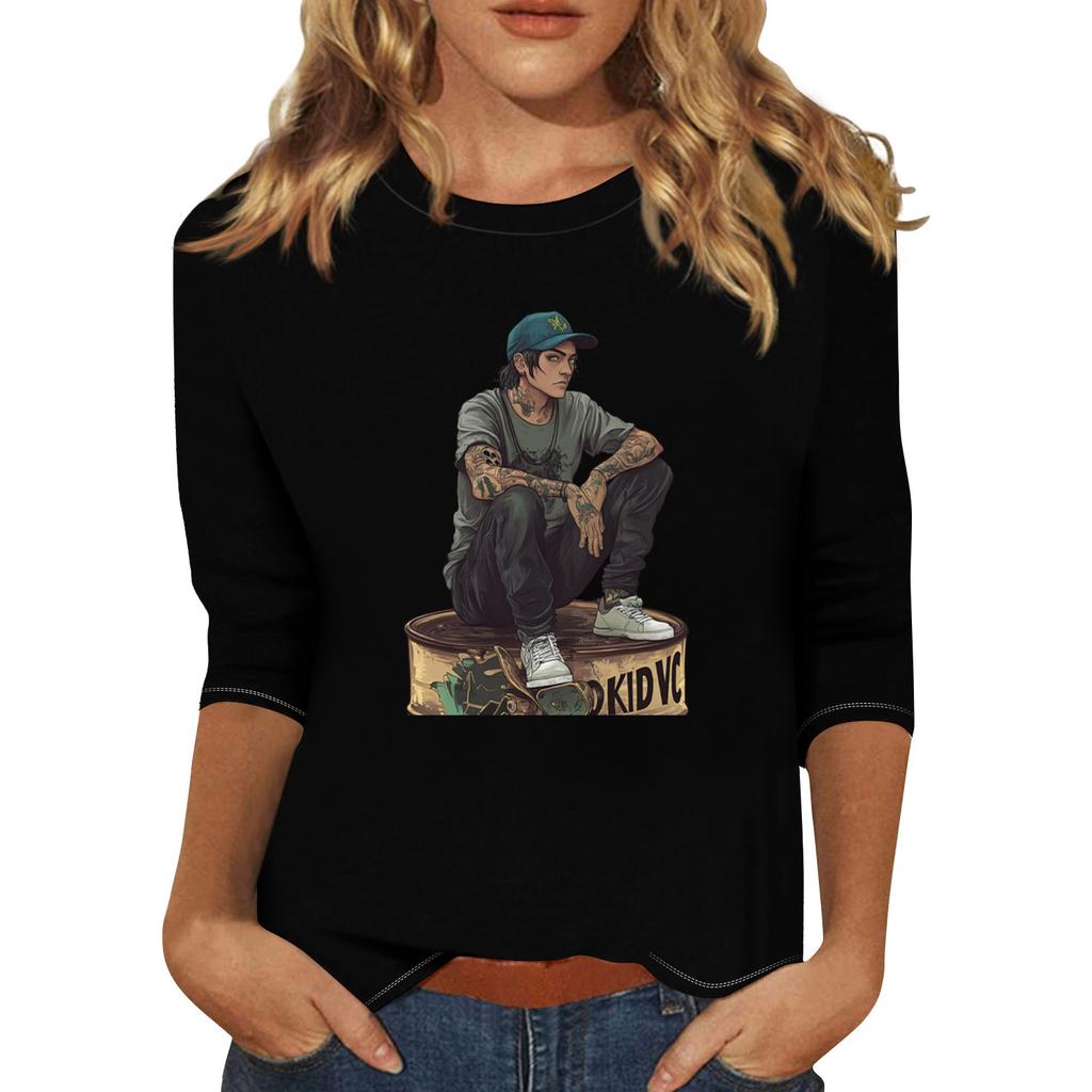 Women's Fashion Casual 3/4 Sleeve Street Print Round Neck Pullover Top