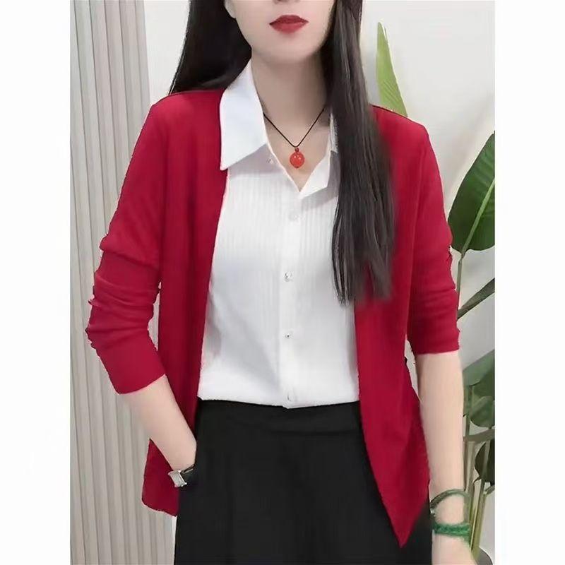 

Модная женская рубашка с длинными рукавами, имитация двойки, одежда на осень 2025 года, новая темпераментная профессиональная рубашка в стиле OL, топ, визуально молодящий M красный