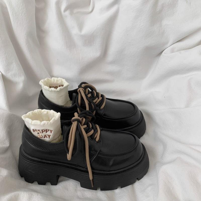 British Style Retro Thick High-Heeled Small Leather Shoes Women'S Versatile Platform-Soled Lace-Up Loafers K Single