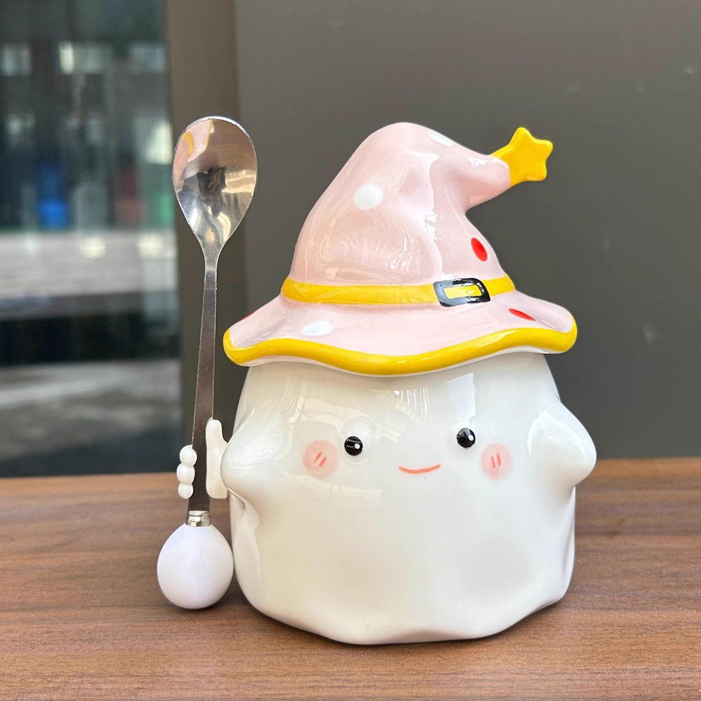 

Милая кружка с привидением и крышкой для мальчиков, керамическая чашка для воды для девочек, практичная креативная чашка на День учителя, подарок на день рождения 301-400ml