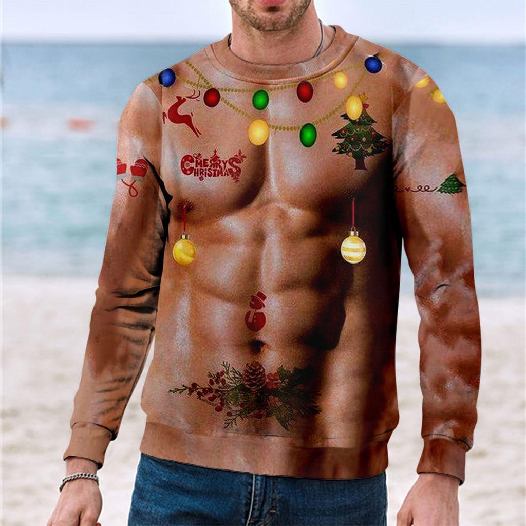 Christmas Chest 3D Print Long Sleeve Sweater Creative Couple  Winter Round Neck Party Coat