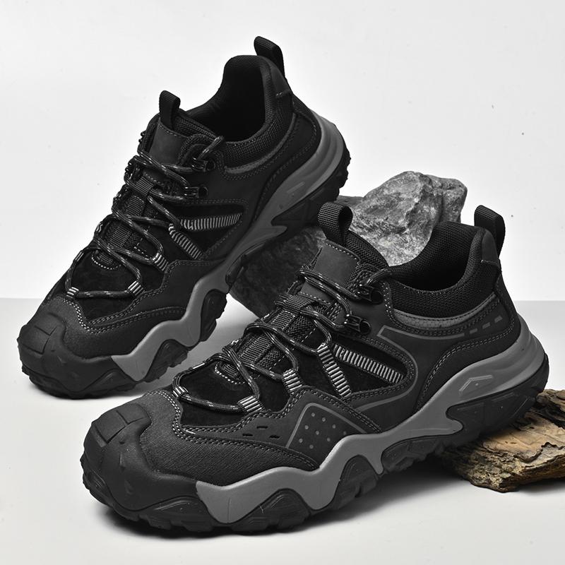 Fashion Classic Mens Casual Leather Thick Bottom Shoes Soft Leather Lace-up Lightweight Mountaineering Shoes Outdoor Antiskid Sneakers